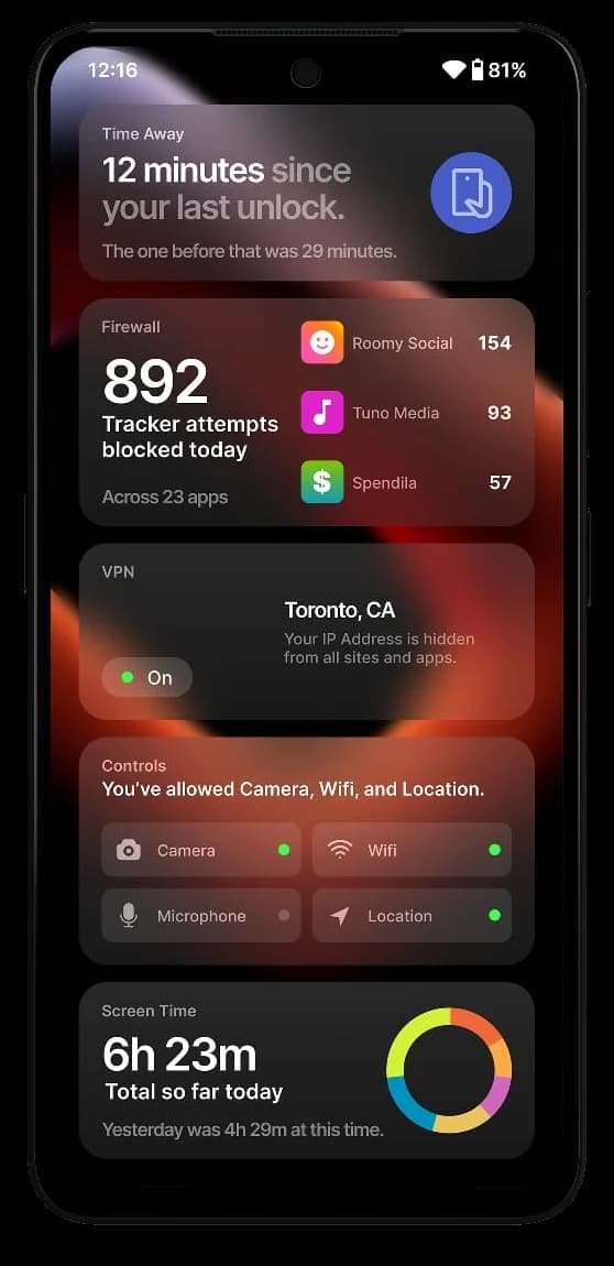 The UP Phone by Unplugged showing its privacy dashboard with firewall, VPN and hardware controls